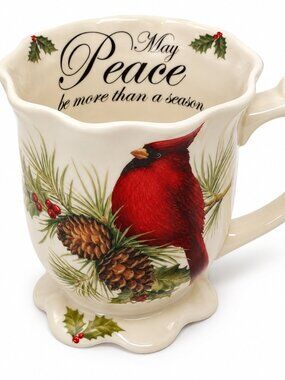 Red Cardinal Christmas Mug with Pinecones & Holly – “May Peace”